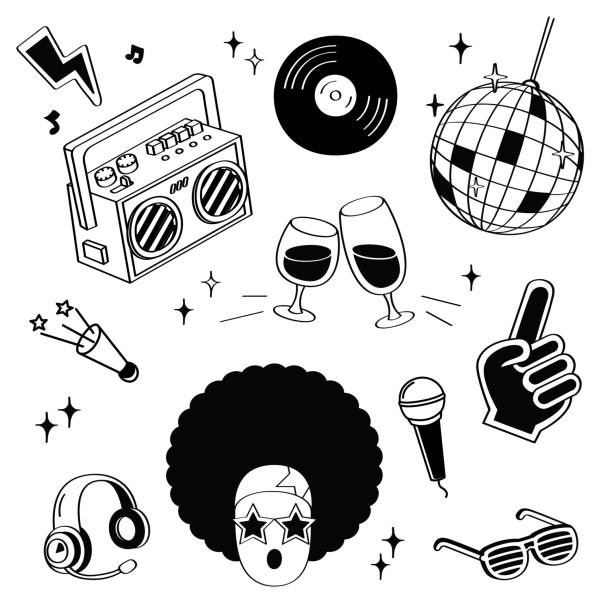 handzeichnung stile disco-elemente. disco doodle - diskokugel stock-grafiken, -clipart, -cartoons und -symbole