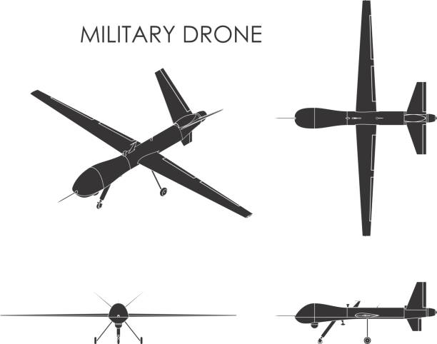 Military drone predator. Black fill Machine controlled by electronic and computational means. Made for air raid and recon. drone symbols stock illustrations