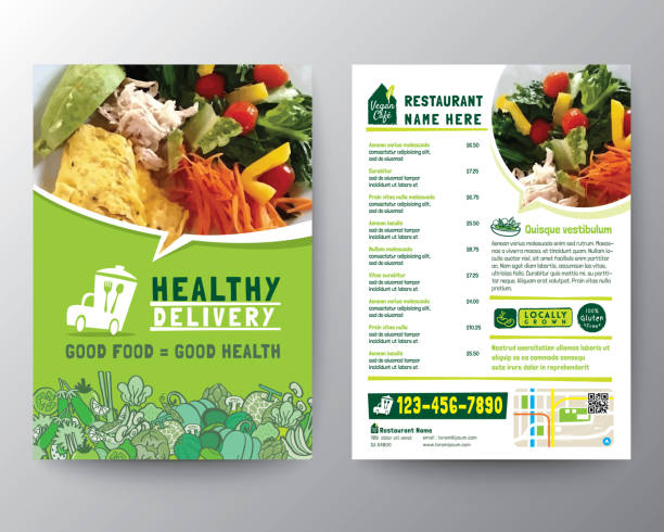 ilustraciones, imágenes clip art, dibujos animados e iconos de stock de plantilla vectorial de folleto de folleto de folleto de entrega de alimentos en tamaño a4. comida saludable, plantilla de menú de restaurante de color verde - menú