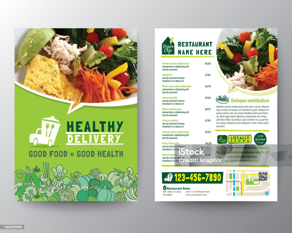 Food Delivery Flyer Pamphlet brochure design vector template in A4 size. Healthy Meal, Green color Restaurant menu template Menu stock vector