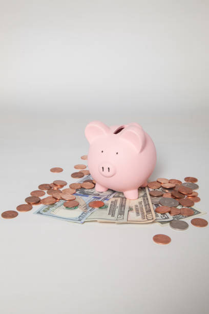 Piggy Bank on pile of bills and coins stock photo