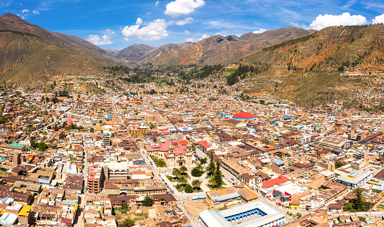 Aerial view of Tarma city surrounded  by hills in Junin, Peru