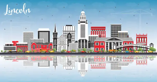 Vector illustration of Lincoln Nebraska City Skyline with Color Buildings, Blue Sky and Reflections.