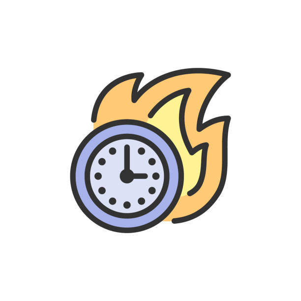 ogień z zegarem, termin, limit czasu płaskiej linii kolorów ikony. - stopwatch time urgency fire stock illustrations