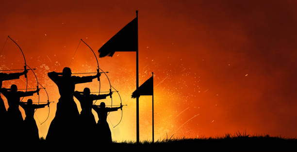 Martial arts Abstract fantasy silhouette design art of group of ancient warriors firing arrows with bows at the battlefield with fire blast battle in the background battlefield photos stock pictures, royalty-free photos & images