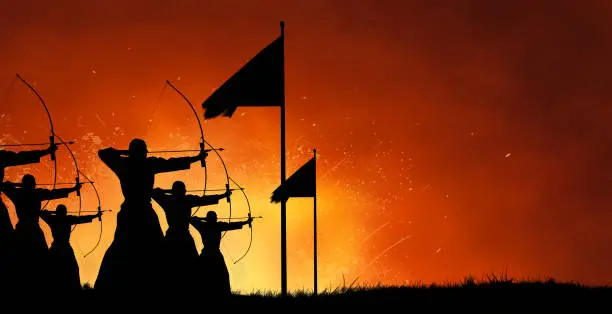 Abstract fantasy silhouette design art of group of ancient warriors firing arrows with bows at the battlefield with fire blast battle in the background