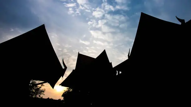 4K resolution of Thai-House silhouette at the sunset. Thailand.