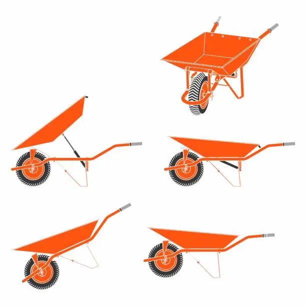 Vector illustration of Wheelbarrow multiple views and colored. Without outline.