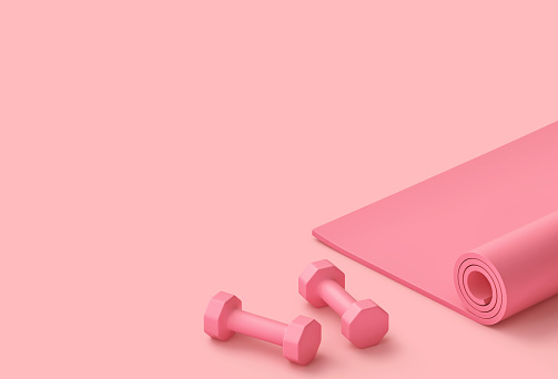 Pastel pink fitness background. Pink fitness mat and dumbbells. 3D rendering