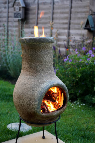 istock Chiminea on fire in a garden 1165250520