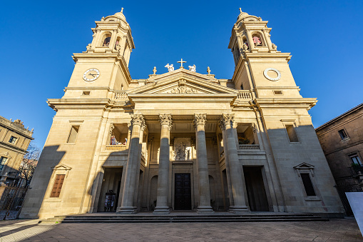 Wide angle view of the facade of Pamplona Cathedral (Santa Maria la Real), built in 15th century, Navarre, Spain
