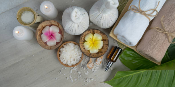 istock Composition of spa treatment on wooden table 1165256831