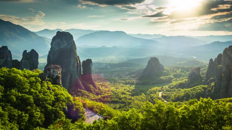 Aerial of Landscape with Monasteries and Rock Formations in Meteora, Greece