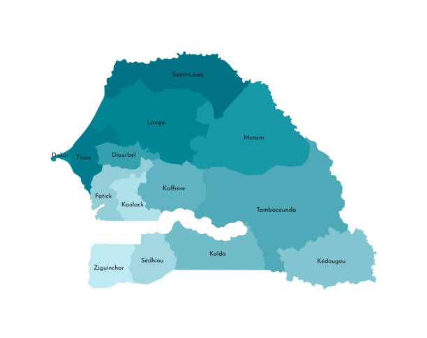 wektor izolowane ilustracja uproszczonej mapy administracyjnej senegalu. granice i nazwy regionów. kolorowe niebieskie sylwetki khaki - dakar region stock illustrations