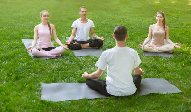 istock Young sporty people practicing yoga lesson with instructor 1165259339