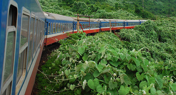 A Vietnamese train traveling between the cities of Danang and Hue