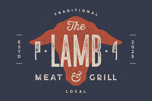 Lamb, sheep. Vintage typography, lettering, retro print, poster for Butchery meat shop, sheep head silhouette with lettering text Lamb. Isolated silhouette sheep head, meat theme. Vector Illustration