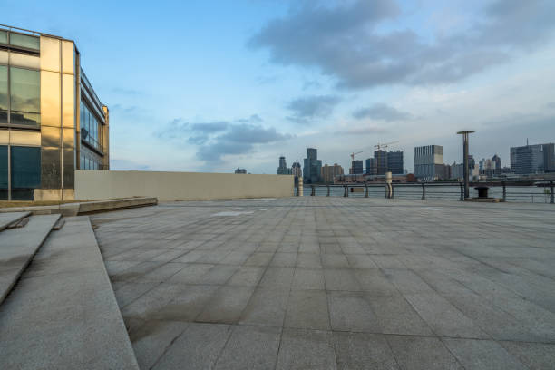 istock Panoramic skyline and buildings with empty square floor in shanghai