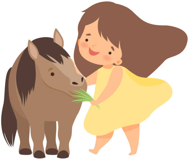 ilustraciones, imágenes clip art, dibujos animados e iconos de stock de linda niña alimentación pony con hierba, adorable niño que cuida de los animales en la granja dibujos animados vector ilustración - horse child animal feeding