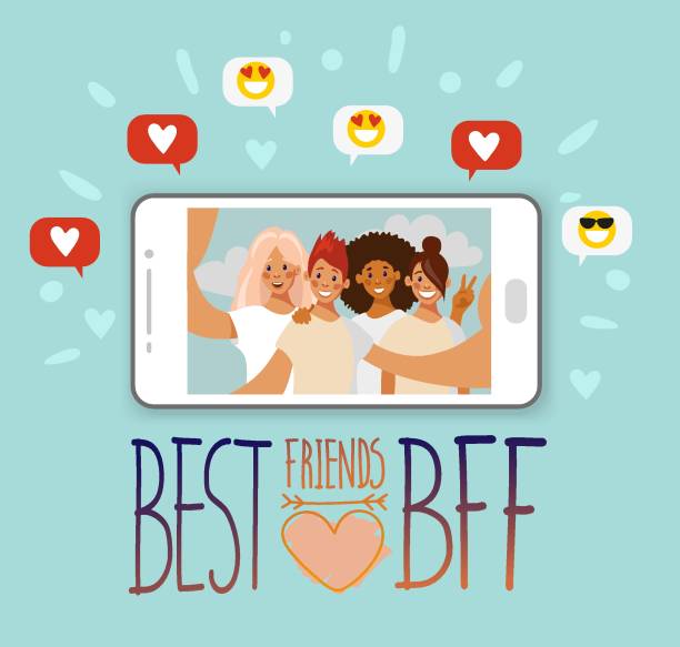 ilustraciones, imágenes clip art, dibujos animados e iconos de stock de selfie grupo de amigos de las niñas en la pantalla del teléfono inteligente, me gusta y sonríe en burbujas. bff. - bff