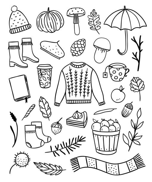 ilustraciones, imágenes clip art, dibujos animados e iconos de stock de esbozado de otoño ilustraciones vectoriales sobre fondo blanco. elementos y símbolos estacionales dibujados a mano. objetos hygge de estilo de vida - september november pumpkin october