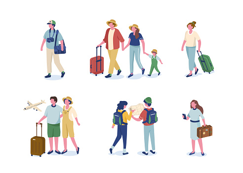 Travel people with purchases. Flat isometric modern vector illustration isolated on white background.