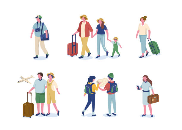 travel people Travel people with purchases. Flat isometric modern vector illustration isolated on white background. group of people airport stock illustrations