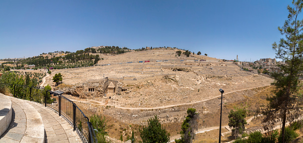 Jerusalem, Israel - June 16, 2018: View of Jerusalem and Kidron Valley from the famous biblical area, Mount of Olives.