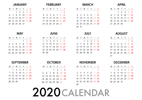 Week View 2020 Calendar For 2020 Week Starts Monday Simple Vector Template Stock ...