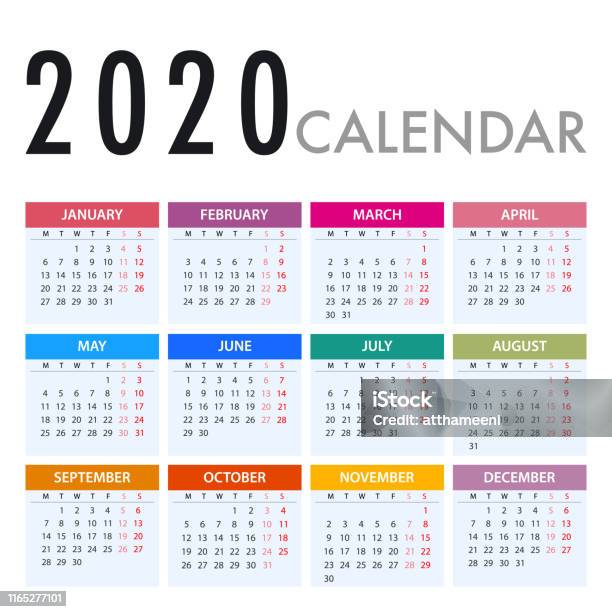 Calendar For 2020 Week Starts Monday Simple Vector Template Stock Calendar For 2020 Week Starts Monday Simple Vector Template Stock