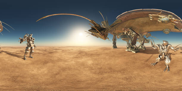 istock Spherical 360 degrees seamless panorama with huge spacecraft and robots in a desert landscape 1165279291