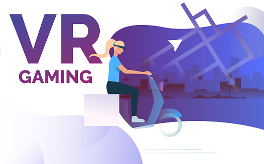 Woman playing and driving motorbike in virtual reality. Gadget, cyberspace, technology concept. Poster or landing template. Vector illustration for topics like virtual reality, VR gaming