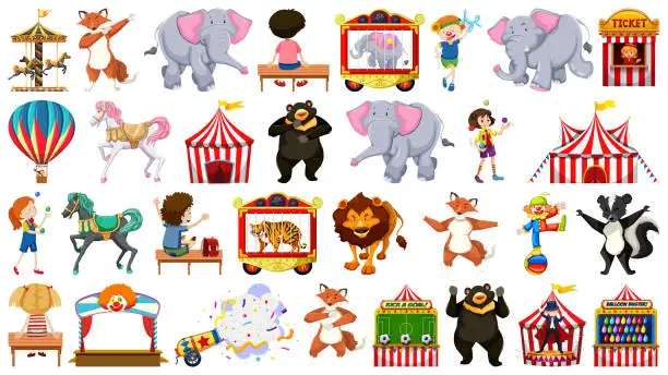 Vector illustration of Huge circus collection with mixed animals, people, clowns and rides