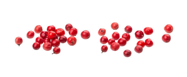 sementes vermelhas do peppercorn isoladas no fundo branco, macro - 3149 - fotografias e filmes do acervo