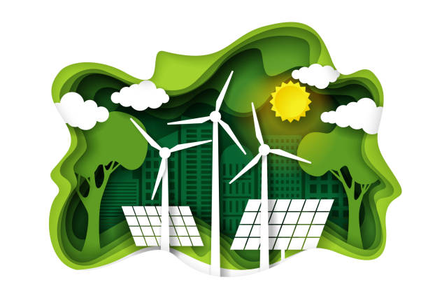 ECO city with green energy, vector paper cut illustration Eco friendly green city with wind turbines and solar panels, vector illustration in paper art style. Save the world and environment, alternative energy, ecology concept. zero waste illustrations stock illustrations