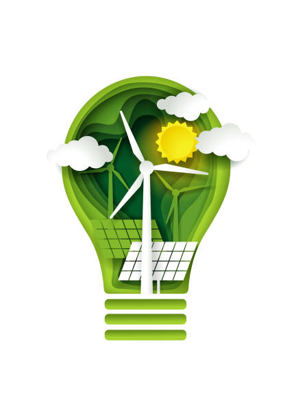 Green energy concept, vector paper cut illustration Green energy concept, vector illustration in paper art style. Solar panels and windmills inside of lightbulb. Ecology, renewable alternative energy sources. clean energy stock illustrations