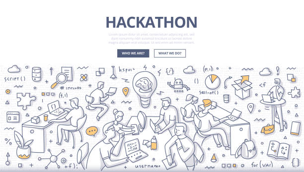Hackathon Doodle Concept Team of programmers, web developers, designers, project managers collaborate working on software project objectives. Hackathon event doodle concept illustration for web banners, hero images, printed materials doodle stock illustrations