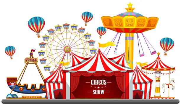 Vector illustration of Circus event with tents, ferris wheel, rides games, ticket booth pirate ship isolated