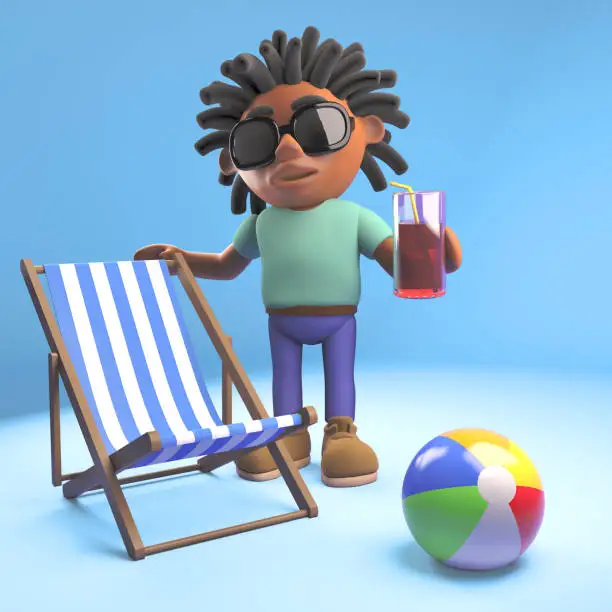 Black man with dreadlocks with deckchair, drink and beachball, 3d illustration render
