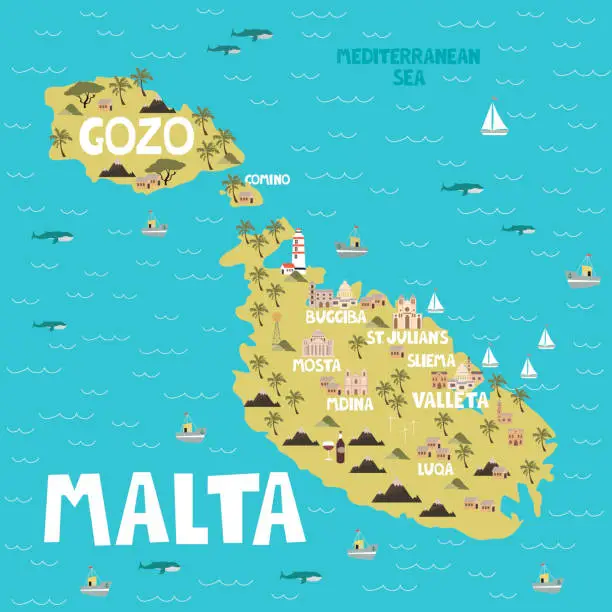 Vector illustration of Illustration map of Malta with city, landmarks and nature.