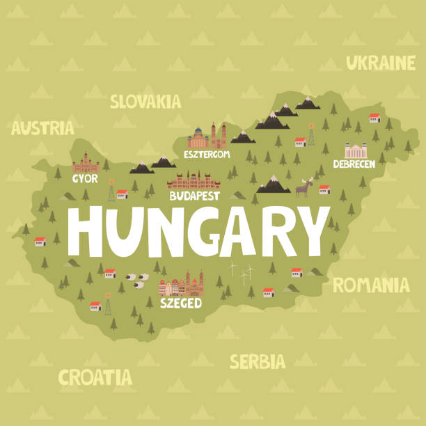 abbildung karte von ungarn mit stadt, sehenswürdigkeiten und natur. - hungary budapest map cartography stock-grafiken, -clipart, -cartoons und -symbole