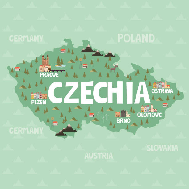 illustrazioni stock, clip art, cartoni animati e icone di tendenza di mappa illustrazione di rebublic ceco o cechia con città, monumenti e natura. - repubblica ceca