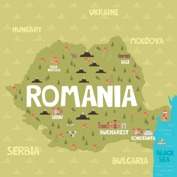 illustrazioni stock, clip art, cartoni animati e icone di tendenza di mappa illustrazione della romania con città, punti di riferimento e natura. - romania