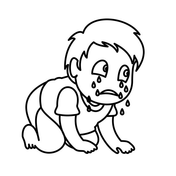 A sad boy crawling and crying. Vector illustration with continuous lines on white background. black baby crying drawing stock illustrations
