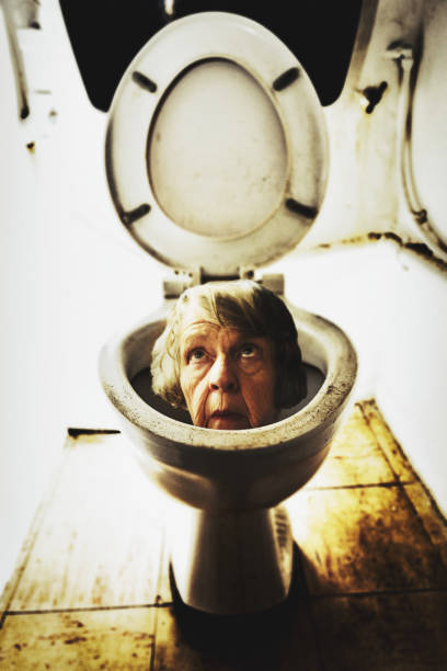 istock Dirty toilet with senior woman's disapproving face 1165291676