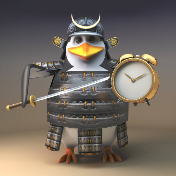 istock Penguin samurai warrior 3d character points his katana sword at his alarm clock, 3d illustration 1165292836