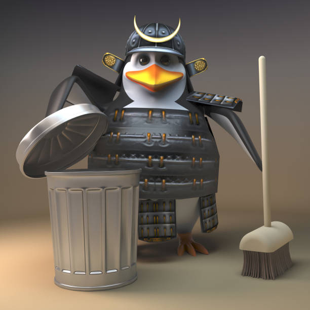 istock Penguin warrior samurai character cleaning up with a broom and rubbish bin, 3d illustration 1165293121
