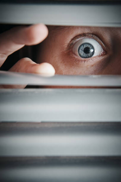 istock Terrified blue eye of young woman peeping through blinds 1165293339
