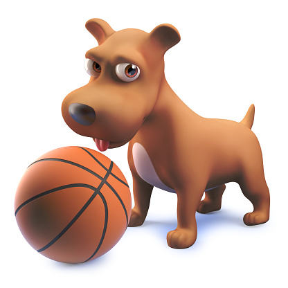 Playful 3d puppy dog character has a basketball, 3d illustration render