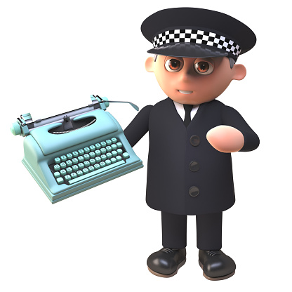 Police law enforcement officer character in uniform holding a typewriter, 3d illustration